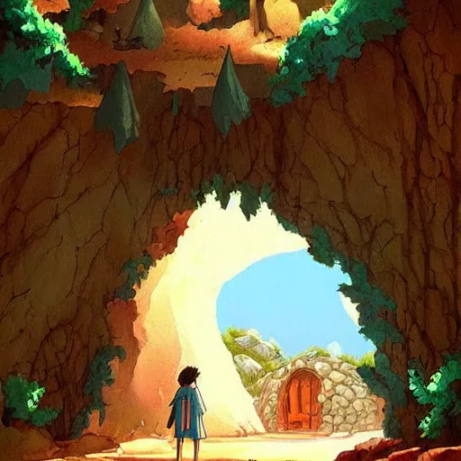 Image similar to beautiful painting of Entrance to a dungeon at the base of an ancient mountain in the morning light, in the style of Studio Ghibli, by Hayao Miyazaki