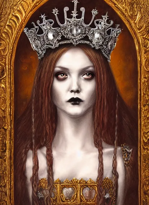 Image similar to highly detailed closeup portrait of a goth medieval queen wearing a crown and sitting on a throne, nicoletta ceccoli, mark ryden, earl norem, lostfish, global illumination, god rays, detailed and intricate environment