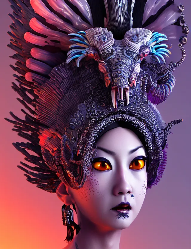 Image similar to 3 d goddess close - up profile portrait punk with mohawk with ram skull. beautiful intricately detailed japanese crow kitsune mask and clasical japanese kimono. betta fish, jellyfish phoenix, bio luminescent, plasma, ice, water, wind, creature, artwork by tooth wu and wlop and beeple and greg rutkowski