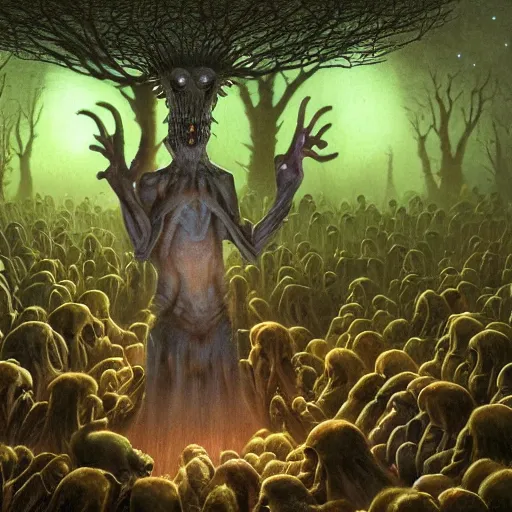 Image similar to a hyperrealistic painting of an alien god preaching to a congregation of small furry creatures in the middle of an alien jungle, bioluminescent plants, by john kenn mortensen and zdzislaw beksinski, highly detailed, vivid color,