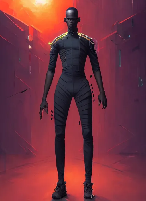 Image similar to full body portrait of slim black man with mohawk, futuristic techwear, highly detailed clothing, angular jawline, masculine, cinematic digital painting, artstation, dramatic concept art, smooth, sharp focus, electric orange highlight, fantasy art by greg rutkowski, loish, rhads, ferdinand knab, makoto shinkai, ilya kuvshinov, rossdraws