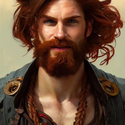 Prompt: portrait of a young ruggedly handsome but joyful pirate, male, masculine, upper body, red hair, long hair, d & d, fantasy, playful smirk, intricate, elegant, highly detailed, digital painting, artstation, concept art, matte, sharp focus, illustration, art by artgerm and greg rutkowski and alphonse mucha