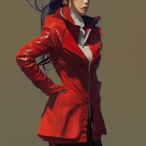 Prompt: full body long shot of Japanese female wearing red futuristic jacket and shorts, highly detailed, digital painting, artstation, concept art, sharp focus, illustration, art by greg rutkowski and alphonse mucha