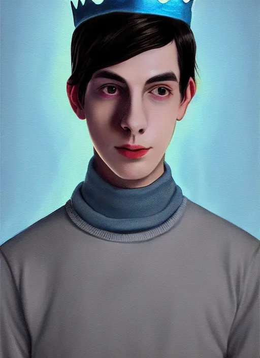 Image similar to portrait of teenage jughead jones wearing a light grey crown, crown, blue turtleneck, 1 9 5 0 s, closed eyes, photorealistic, black hair, glowing lighting, intricate, elegant, glowing lights, highly detailed, digital painting, artstation, concept art, smooth, sharp focus, illustration, art by wlop, mars ravelo and greg rutkowski