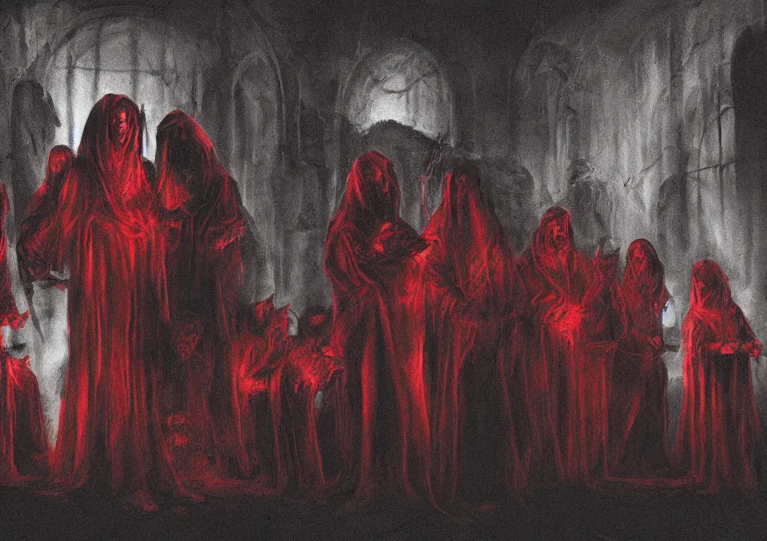 Prompt: lamb cultist digital art, deep crimson and dark shadows, black background, ambient glow, horror scene