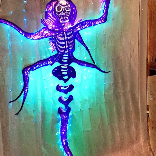 Prompt: stop motion bipedal halloween eel snake skeleton fantasy mermaid with a fish bone body, on a spray painted cardboard dock with a hand painted night sky full of led glittery stars, adorable, side profile, macro camera lens