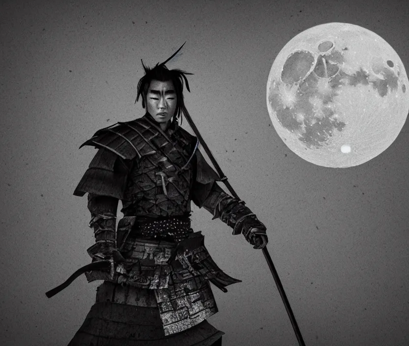 Image similar to '2d design graphic a samurai in the night ,big white moon background , gloomy and foggy atmosphere, octane render, horror scene, highly detailded , black and white ink '