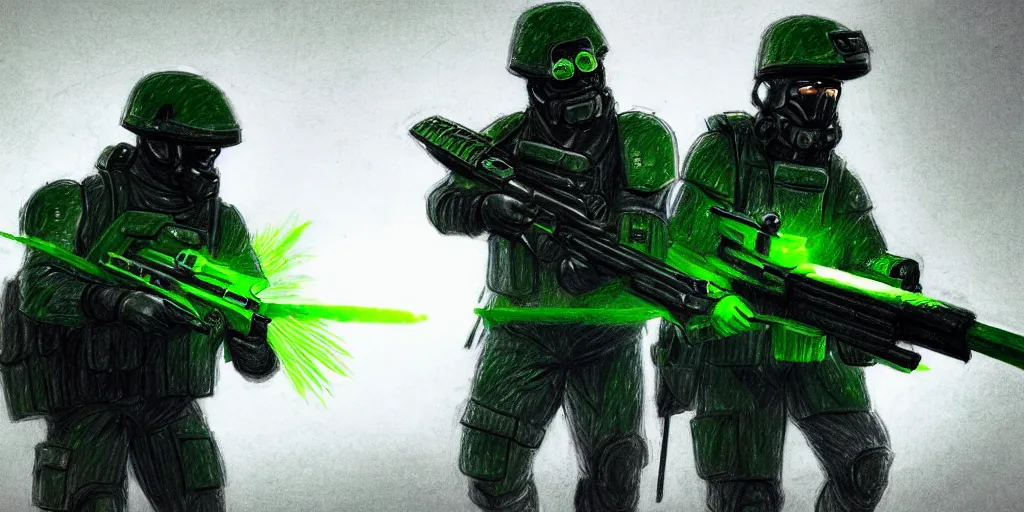 Image similar to A detailed sketch of two guerilla soldiers with green plasma rifles with revolver drums wearing grey armour with dark green stripes and full helmets with dark green visors, night, rain, water drops on the lense, a complicated black spaceship with green lights in the background, realistic 4k octane beautifully detailed render, 4k post-processing, highly detailed, intricate complexity, epic composition, magical atmosphere, cinematic lighting, masterpiece, ultra hd