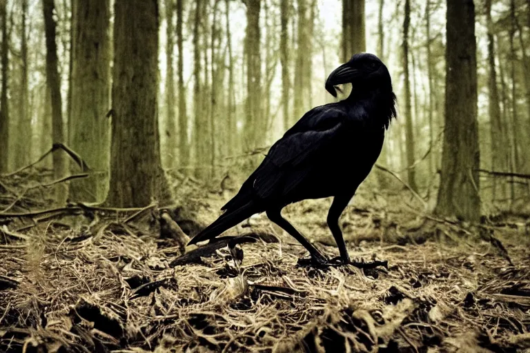 Prompt: !!!!!! human mixed with a crow, photograph captured in a dark forest