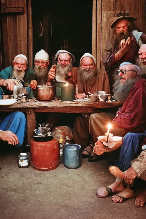 Image similar to a widescreen colorchrome photo of a cabinet full with old laughing happy old men with long hair, long beards, candle light, by steve mccurry