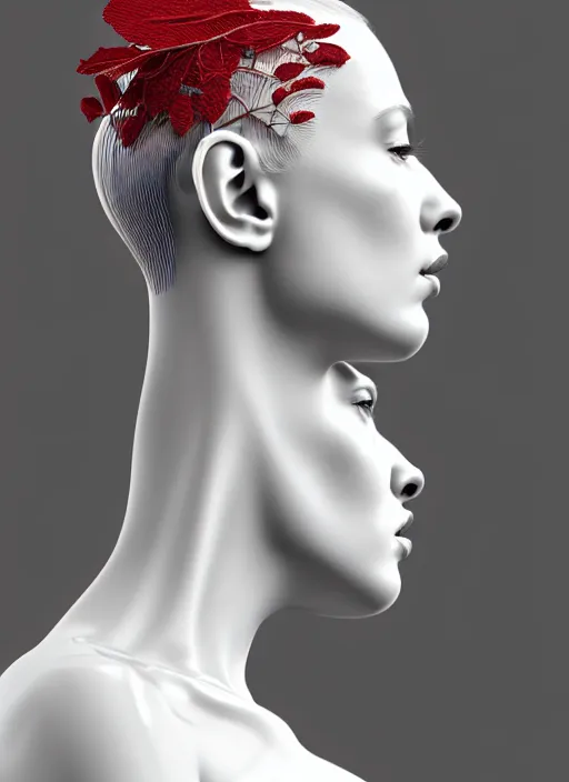 Prompt: complex 3d render ultra detailed of a beautiful porcelain profile young woman face, biomechanical cyborg, 200 mm lens, beautiful studio soft light, rim light, silver white gold red details, magnolia big leaves monochromatic and stems, roots, fine foliage lace, mesh wire, Alexander Mcqueen high fashion haute couture, art nouveau fashion embroidered, intricate details, hyper realistic, ultra detailed, mandelbrot fractal, anatomical, facial muscles, cable wires, microchip, elegant, octane render, H.R. Giger style, black eyes, plump lips, volumetric lighting, 8k post-production, trending on Artstation