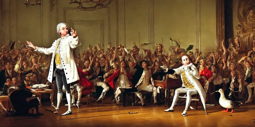 Image similar to wolfgang amadeus mozart performing a rap concert in front of ducks, the crowd are ducks, he is wearing clothes like money boy, he ha swag, the groupies are waiting in a queue to get their turn