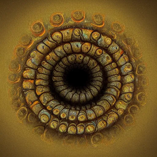 Image similar to a spiral made of eyes, smoke and teeths, 3d mandelbulb, by Zdzisław Beksiński, trending on ArtStation