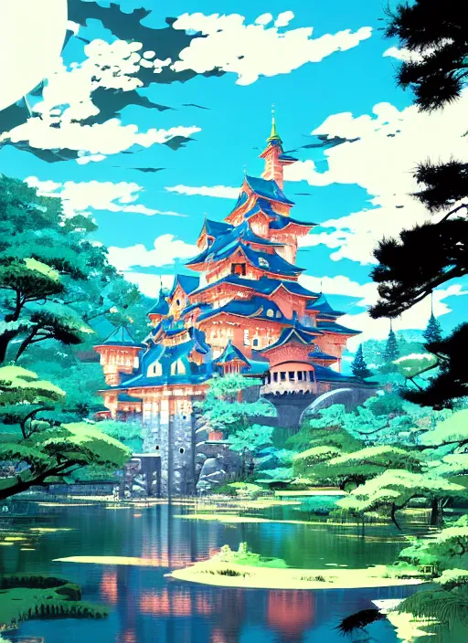 Image similar to magical castle, forest, river, scenery wallpaper aesthetic, anime style, beautiful, cinematic, dramatic, super detailed and intricate, hyper realistic, by koson ohara, by darwyn cooke, by satoshi kon