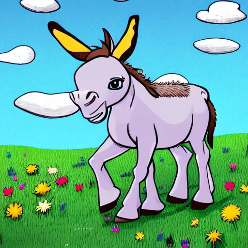 Prompt: cute cheerful donkey with his two ears and his trunk in a meadow, colouring - in sheet, concept design, character art, sharp focus, highly detailed, artstation