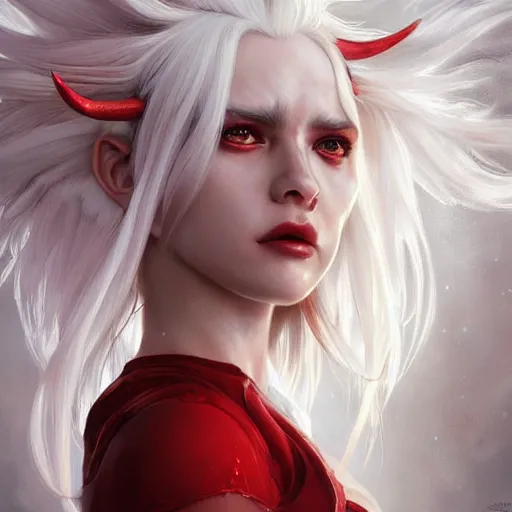 Image similar to ultra realistic illustration, dream humanoid demon girl with white hair, red horns, in white clothes, red eyes, intricate, elegant, highly detailed, digital painting, artstation, concept art, smooth, sharp focus, illustration, art by artgerm and greg rutkowski and alphonse mucha