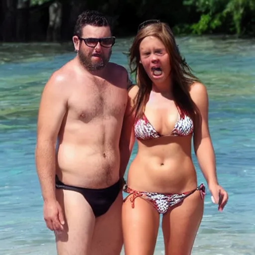 Image similar to photo of a 4 0 year old man that looks young for his age dating a very attractive 2 2 year old woman wearing a bikini. his wife is visibly upset in the background. lol