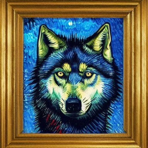 Image similar to retard wolf, van gogh, vivid colors, portrait paintin,