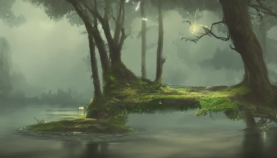 Image similar to rainy forest with an island in a pond, holy glowing sword stuck in island, moody high exposure, digital painting, concept art, photoshop speedpaint