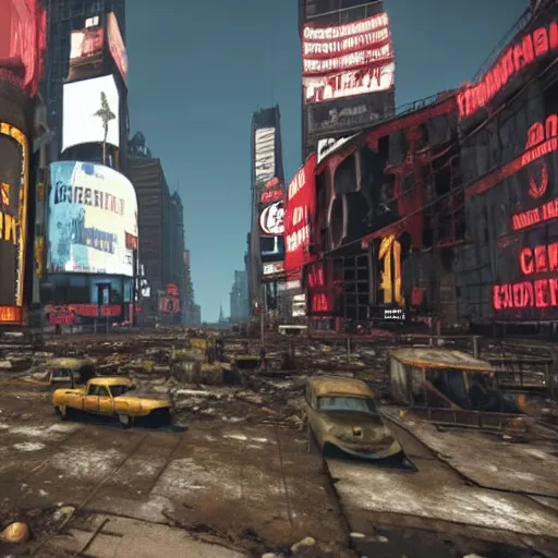 Image similar to Times Square in ruins post-nuclear war in Fallout 4, in game screenshot