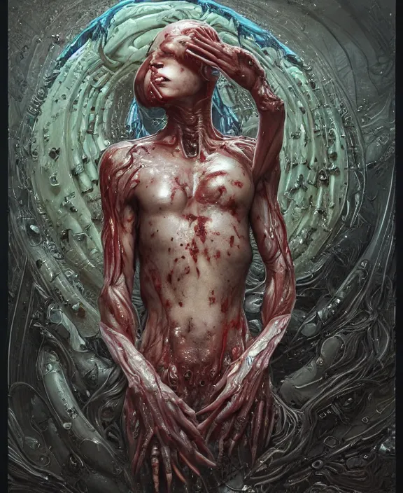 Image similar to portrait of a bloodied intricate ornate filigreed slime dripping genderless insect alien monster, muscles, rippling, space warping and twisting, ultra realistic, concept art, intricate details, eerie, highly detailed, photorealistic, octane render, 8 k, unreal engine. art by artgerm and greg rutkowski and alphonse mucha