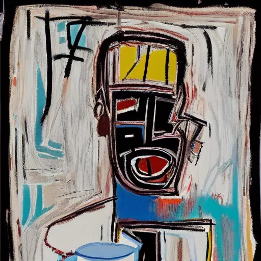 Prompt: Happy Morning. Sunlight is pouring through the window lighting the face of a sleepy young man drinking a cup of coffee. A new day has dawned bringing with it new hopes and aspirations. Detailed and intricate strokes and lines. Painting by Basquiat, 1986