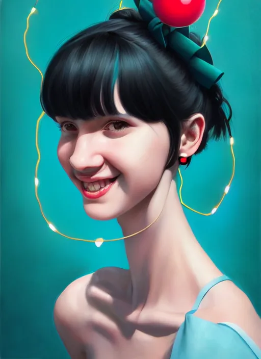 Image similar to portrait of high school girl, realistic, black hair, bangs, half updo hairstyle, pointy nose, skinny, smile, ugly, defined jawline, big chin, teal hair bow, earrings, intricate, elegant, glowing lights, highly detailed, digital painting, artstation, sharp focus, illustration, art by wlop, mars ravelo and greg rutkowski