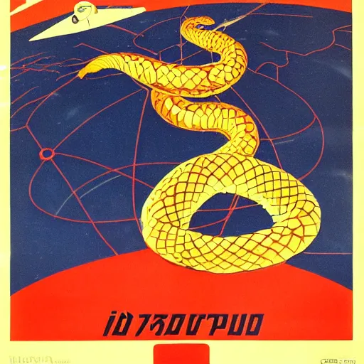 Image similar to soviet propaganda poster featuring a snake tangled on planet earth, view from space