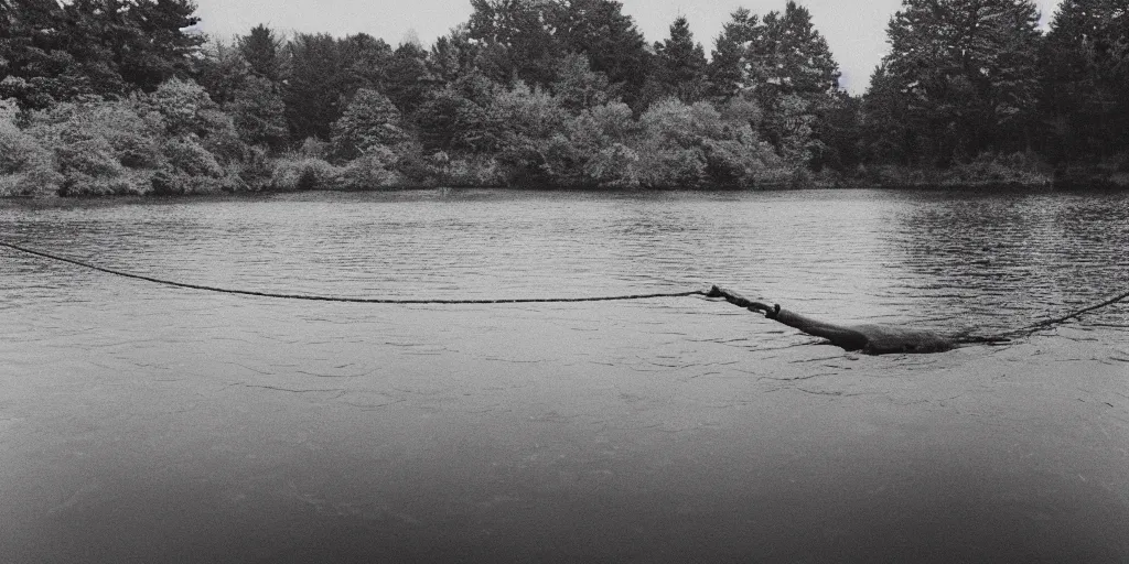 Image similar to symmetrical photograph of an infinitely long rope submerged on the surface of the water, the rope is snaking from the foreground towards the center of the lake, a dark lake on a cloudy day, trees in the background, moody scene, anamorphic lens