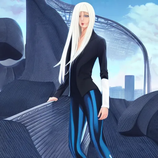 Image similar to platinum - blonde - haired long bob cut blue - eyed princess wearing white leggings and black jacket, standing next to communist monument, communist city, dictatorship of the proletariat, anime, hd anime wallpaper, hyperrealistic lighting, volumetric lighting, drawn by artgerm