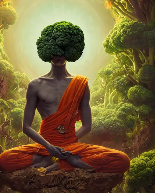 Image similar to detailed photo of meditating broccoli monk, beautiful, 8 k, by tristan eaton, stanley artgermm, tom bagshaw, greg rutkowski, carne griffiths, trending on deviantart, hyper detailed, glorious lighting, epic environment