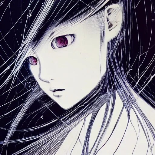 Prompt: Yoshitaka Amano dreamy and blurry illustration of an anime girl with white hair and cracks on her face wearing dress suit with tie fluttering in the wind, abstract black and white patterns on the background, head turned to the side, noisy film grain effect, highly detailed, Renaissance oil painting, weird portrait angle