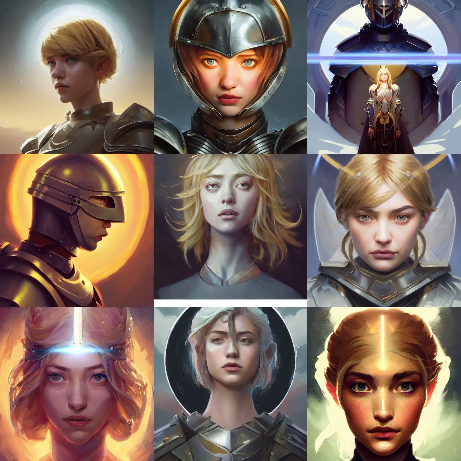 Prompt: masterpiece head-on symmetrical centered painted portrait, Imogen Poots as a paladin, blonde hair, holy light halo, glorious, wearing full metal armour, elegant, in the style of Greg Rutkowski, Jesper Eising, by RHADS, Makoto Shinkai and Lois van baarle, ilya kuvshinov, trending on ArtStation, dark fantasy, great composition, concept art, highly detailed, 8K, official fanart behance hd, rich deep moody colors