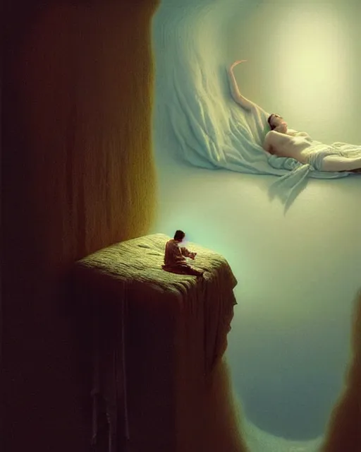 Image similar to a hyper - detailed 3 d render like a oil painting of a dream - self leaving a sleeping - self, surrealism!!!!! surreal concept art, lifelike, photorealistic, digital painting, aesthetic, smooth, sharp focus, artstation hd, by greg rutkowski, bruce pennington, valentina remenar and asher duran,