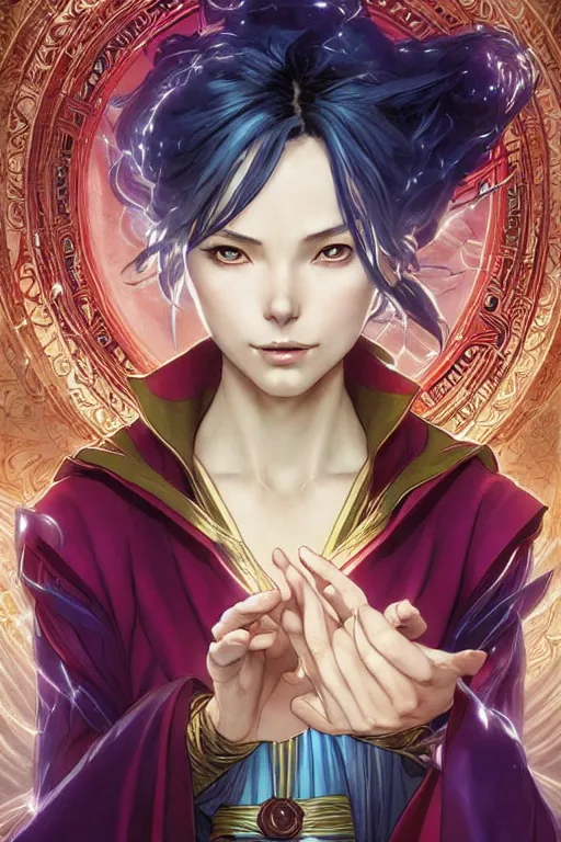 Image similar to anime key visual of a beautiful young female doctor strange, marvel comics, spells, magic, intricate, magical village, stunning, highly detailed, digital painting, artstation, smooth, hard focus, illustration, art by artgerm and greg rutkowski and alphonse mucha