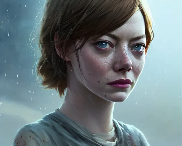 Image similar to highly detailed portrait of emma stone, in the walking dead, stephen bliss, unreal engine, fantasy art by greg rutkowski, loish, rhads, ferdinand knab, makoto shinkai and lois van baarle, ilya kuvshinov, rossdraws, tom bagshaw, global illumination, radiant light, detailed and intricate environment