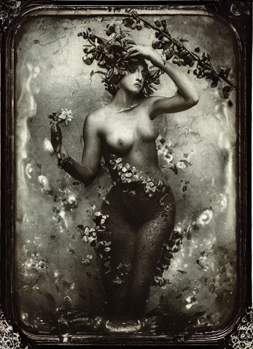 Prompt: old wetplate daguerreotype birth of venus, fractal, intricate, elegant, highly detailed, parallax, leica, medium format, subsurface scattering, by jheronimus bosch and greg rutkowski and louis jacques mande daguerre