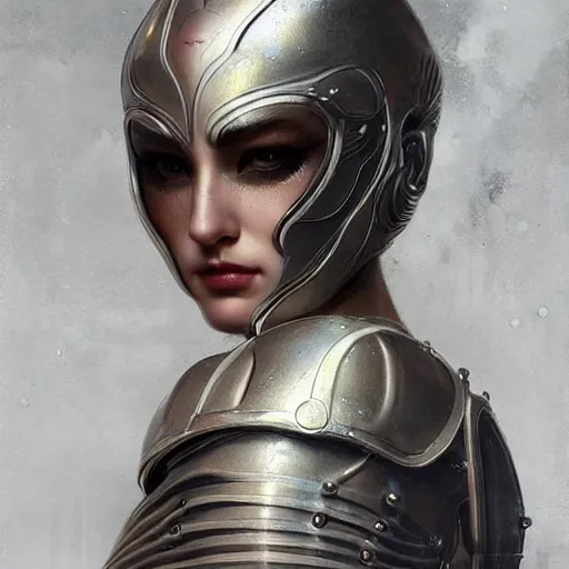 Prompt: tom bagshaw, curiosities carnival, photorealistic medium shot soft paint of a single beautiful cosplay full long futuristic metallic armor very tight metal ornate face, gynoid body, accurate features, focus, very intricate ultrafine details, award winning masterpiece