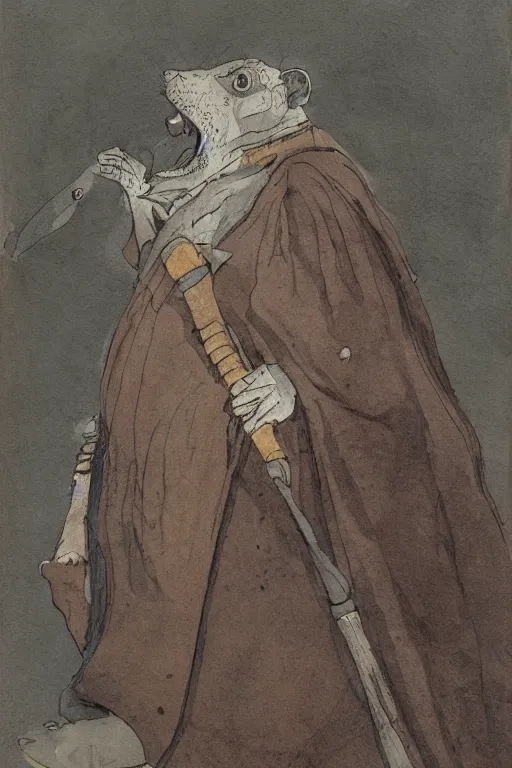 Prompt: a obese gray sniveling rat person wearing a decaying brown cloak, color painting by john blanche