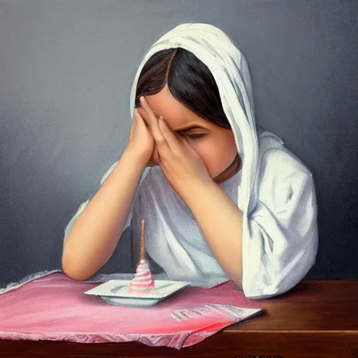 Image similar to a girl with a white headkerchief sitting alone on a birthday table looking sad high detailed painting