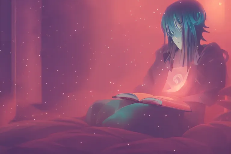 Image similar to an anime wizard reading a book on a cloud relaxing, misty, glows, digital art, hazy, foggy, ambient lighting, 8 k, neon, synthwave,