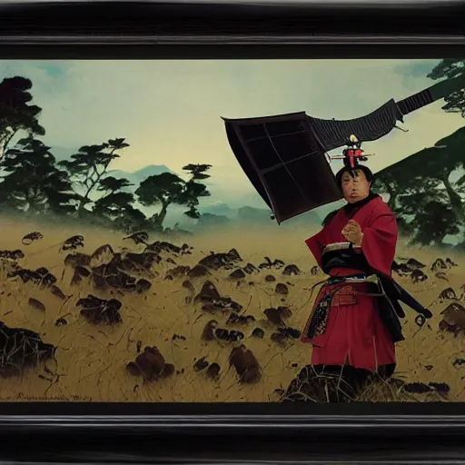 Prompt: wide angle cinematic shot of a traditional samurai in full armor with lots of cats and kittens, sci fi landscape background by denis villeneuve, amano, yves tanguy, alphonse mucha, max ernst, caravaggio, roger dean, masterpiece, rich moody colours