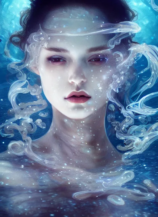 Image similar to an underwater photographic portrait of a woman created out of starlight and smoke, cinematic, volumetric lighting, beautiful fantasy, intricate, elegant, highly detailed, digital painting, artstation, concept art, smooth, sharp focus, illustration, art by ayami kojima, artgerm and h r giger and alphonse mucha