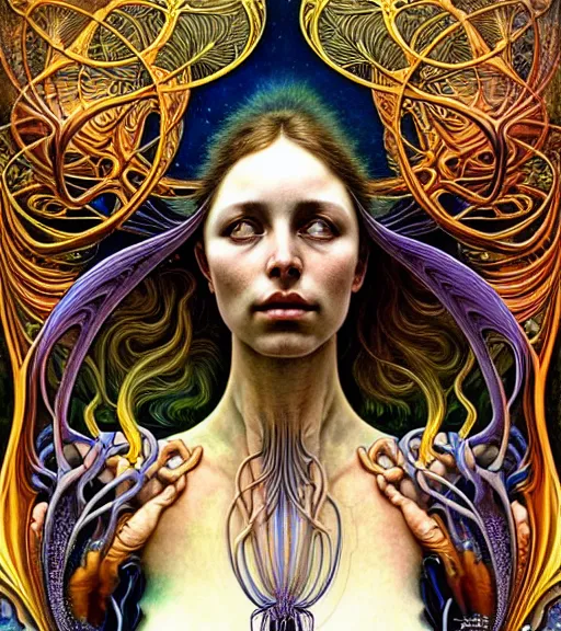 Image similar to detailed realistic beautiful young fully clothed groovypunk queen of andromeda galaxy. art nouveau, symbolist, visionary, baroque, giant fractal details. horizontal symmetry by zdzisław beksinski, iris van herpen, raymond swanland and alphonse mucha. highly detailed, hyper - real, beautiful