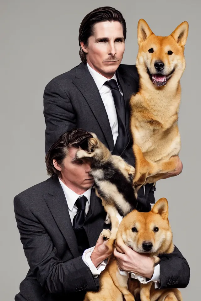 Prompt: a highly detailed portrait of a cleanly - shaven christian bale in a suit with slicked back hair, holding a shiba inu in his arms, hyperrealistic, highly detailed, 8 k, canon 2 4 mm f / 1. 4 lens,