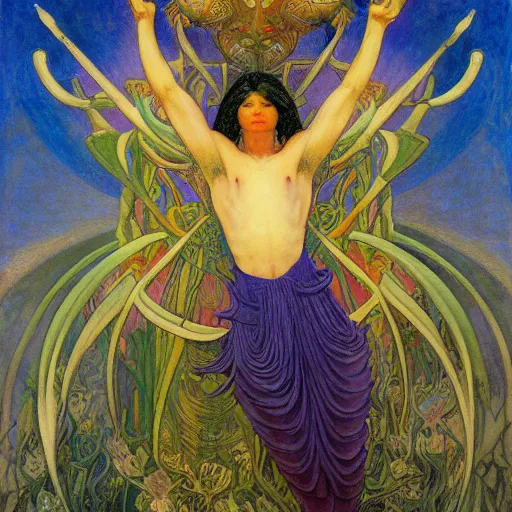 Image similar to the flower prince, by jean delville and donato giancola and nicholas roerich, and diego rivera, and leo and diane dillon, symbolist, tattoos, dramatic lighting, elaborate geometric ornament, art brut, god rays, soft cool colors, smooth, sharp focus, extremely detailed