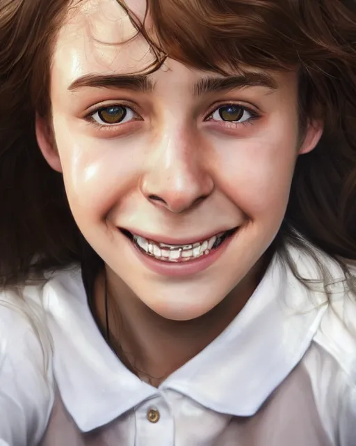 Image similar to close up portrait of 1 5 - year - old girl, smile with large front teeth, hermione granger, very bushy brown hair, and very bright brown eyes, wearing white shirt, hyper realistic face, beautiful eyes, character art, art by mark brooks, hyperdetailed, cryengine, trending on artstation, digital art