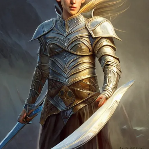 Prompt: standing elf with armor of rivendel and a curve long sword in full body and detailed face, epic masterpiece of cinematographic hyperrealism, realistic shaded lighting poster by craig mallismo, artgerm, jeremy lipkin and michael garmash, unreal engine, radiant light, detailed and intricate environment, digital art, art station trends