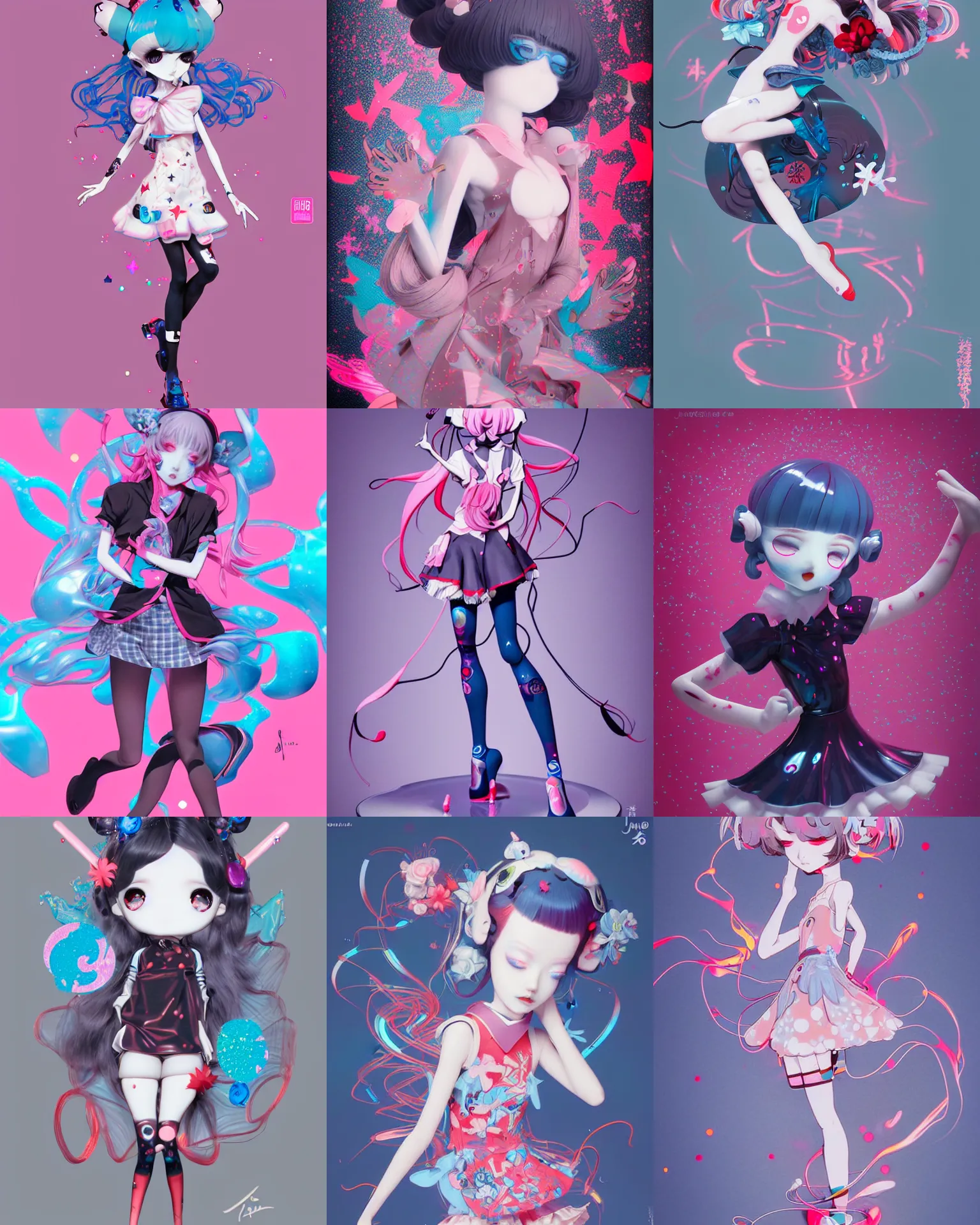 Prompt: james jean isolated vinyl figure harajuku menhera magical girl character design, figure photography, dynamic pose, holographic undertones, motion shapes color design, glitter accents on figure, anime stylized cute guro, sharp focus, accurate fictional proportions, high delicate defined details, ethereal lighting