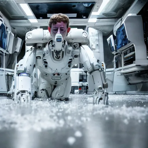 Image similar to a broken cyborg that looks like Mark Zuckerberg on the floor, covered in white slimy fluidNostromo Alien movie. wide angle photography.